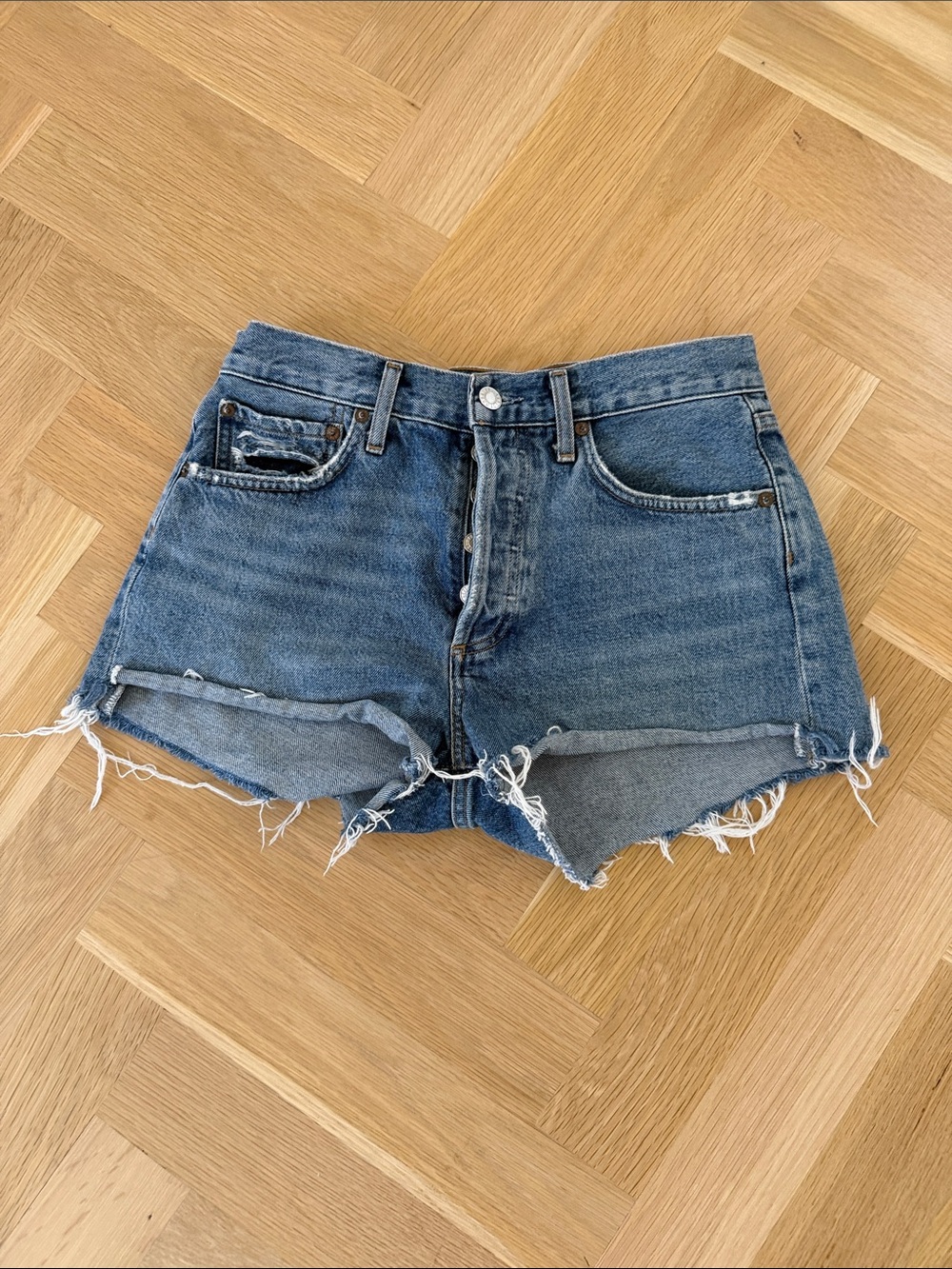 Agolde Parker Shirt Distressed Mid-Blue Cutoff Denim Shorts
